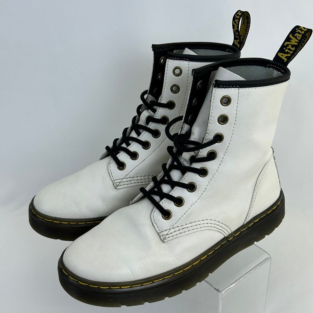 Dr. Martens Zavala Combat Boots Womens Size 6 White Leather Round Toe Lace Up